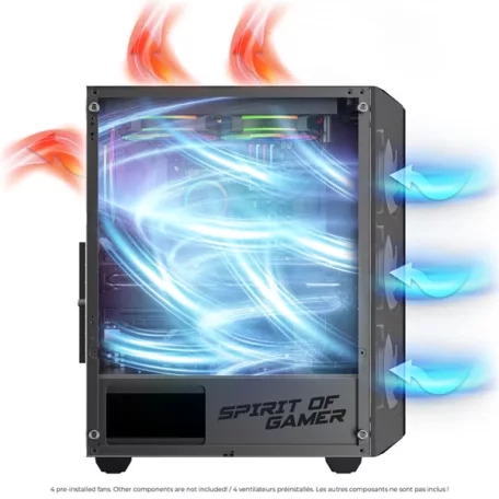 Spirit of Gamer Számítógépház - REBEL NX Black (fekete, ablakos, 4x12cm ventilátor, alsó táp,  ATX, 1xUSB3.0, 2xUSB2.0)
