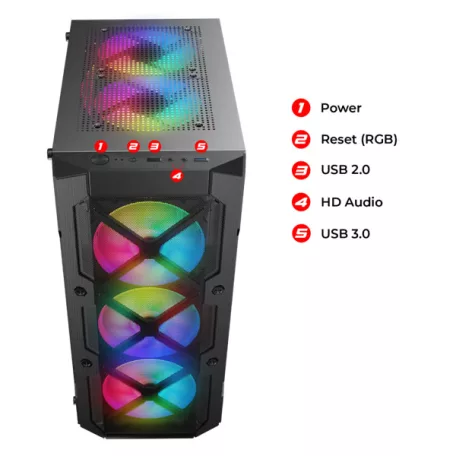 Spirit of Gamer Számítógépház - REBEL XT Black (fekete, ablakos, 4x12cm ventilátor, alsó táp,  ATX, 1xUSB3.0, 2xUSB2.0)