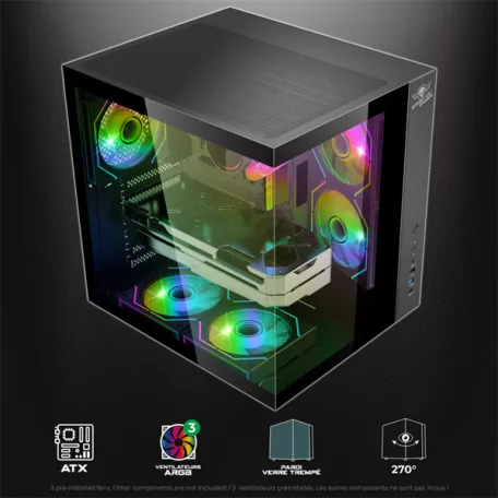 Spirit of Gamer Számítógépház - BANDIT GT (fekete, ablakos, 3x12cm ventilátor, alsó táp,  ATX, 1x USB-C, 3x USB-A)