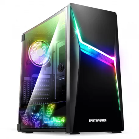 Spirit of Gamer Számítógépház - CLONE 4 Black (fekete, ablakos, 2x12cm ventilátor, alsó táp,  ATX, 1xUSB3.0, 2xUSB2.0)
