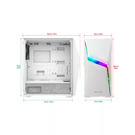 Spirit of Gamer Számítógépház - CLONE 4 White (fekete, ablakos, 2x12cm ventilátor, alsó táp,  ATX, 1xUSB3.0, 2xUSB2.0)