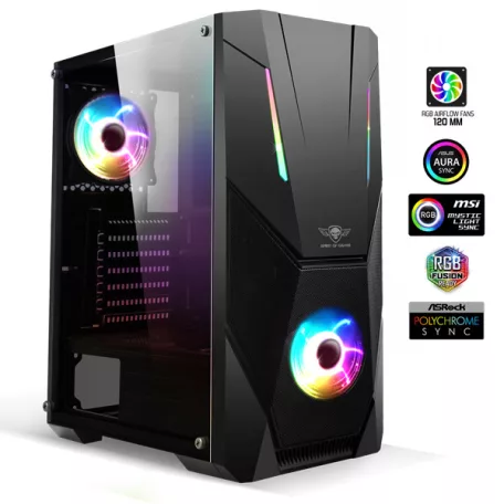 Spirit of Gamer Számítógépház - Rogue V RGB (fekete, ablakos, 2x12cm ventilátor, alsó táp,  ATX, 1xUSB3.0, 2xUSB2.0)