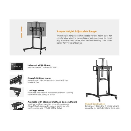 Equip TV állvány - 650633 (55"-100" álló, dönthető, állítható magasság, gurulós, motoros, Max.:120kg, fekete)