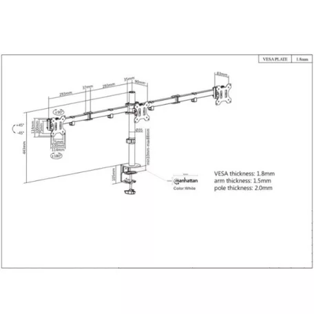 Manhattan asztali állvány -  Dupla karos, 3db monitor részére (max.VESA:75x75, 13"-27"-ig, 7kg, fekete)
