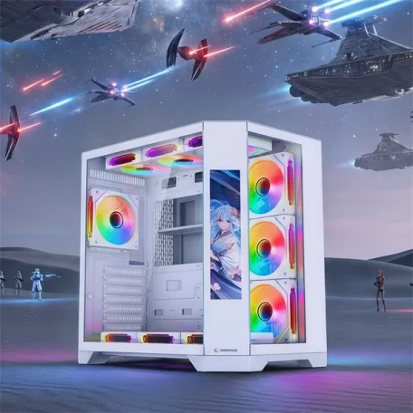 Rampage Számítógépház - NOVA (fehér; üveg; ATX; 9,17" TFT kijelző, 7x120mm RGB, 1xUSB3.0 + 1xUSB2.0)