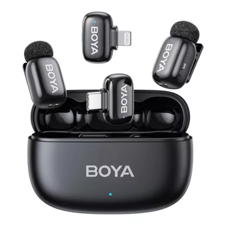 BOYA Mikrofon - mini 2-01 (Vezeték nélküli, AI zajszűrő, fekete, 2TX+2RX, Lightning, USB-C)