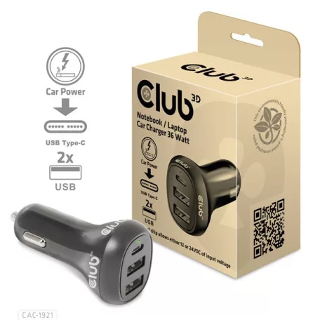 Club 3D Autós Töltő - CAC-1921 (36W, 2x USB-A, 1x USB-C, 12-24V, QC3.0)