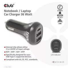   Club 3D Autós Töltő - CAC-1921 (36W, 2x USB-A, 1x USB-C, 12-24V, QC3.0)