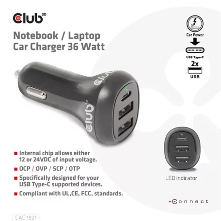 Club 3D Autós Töltő - CAC-1921 (36W, 2x USB-A, 1x USB-C, 12-24V, QC3.0)