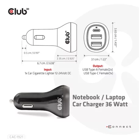 Club 3D Autós Töltő - CAC-1921 (36W, 2x USB-A, 1x USB-C, 12-24V, QC3.0)
