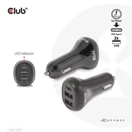 Club 3D Autós Töltő - CAC-1921 (36W, 2x USB-A, 1x USB-C, 12-24V, QC3.0)