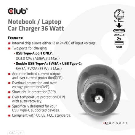 Club 3D Autós Töltő - CAC-1921 (36W, 2x USB-A, 1x USB-C, 12-24V, QC3.0)