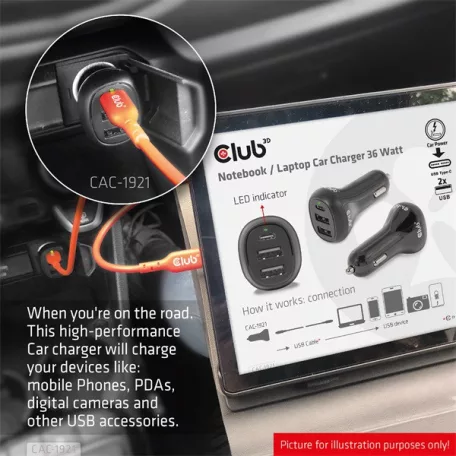 Club 3D Autós Töltő - CAC-1921 (36W, 2x USB-A, 1x USB-C, 12-24V, QC3.0)
