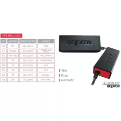   APPROX Notebook adapter 45W - Univerzális notebook töltő, 12V to 20VDC, 8 féle dugó, Fekete