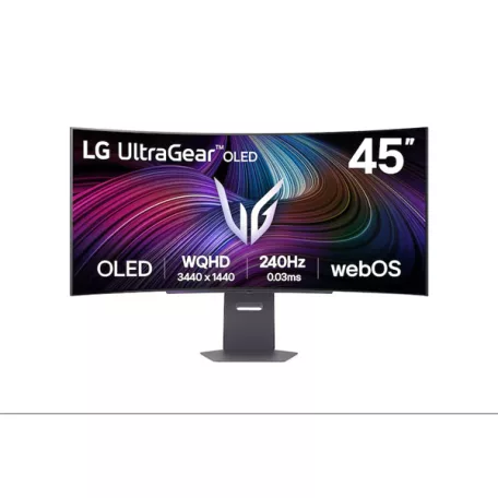 LG Monitor 45" - 45GX90SA-B (OLED; Ívelt, 21:9; 3440x1440; <1ms; 275cd; 240Hz, HDMIx2, BT, DP; USB; HDR; Áll.mag. Spkr)