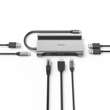 Hama USB HUB - 200143 (USB-C 7in1, 3xUSB 3.1, 2xUSB-C, 1xHDMI, 1xLAN, 100W PD, szürke)