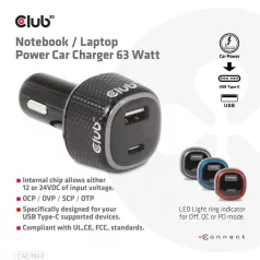   Club 3D Autós Töltő - CAC-1922 (63W, USB-A, USB-C, 12-24V, QC3.0)