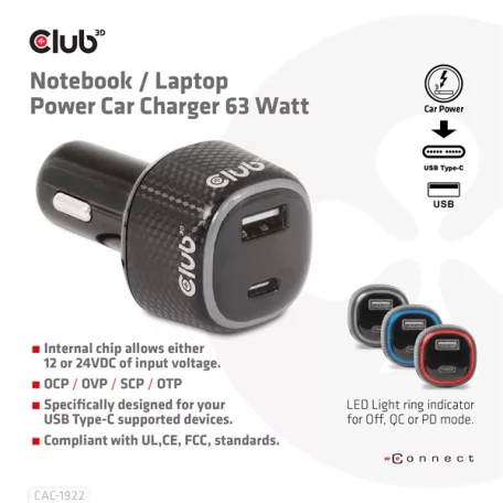 Club 3D Autós Töltő - CAC-1922 (63W, USB-A, USB-C, 12-24V, QC3.0)