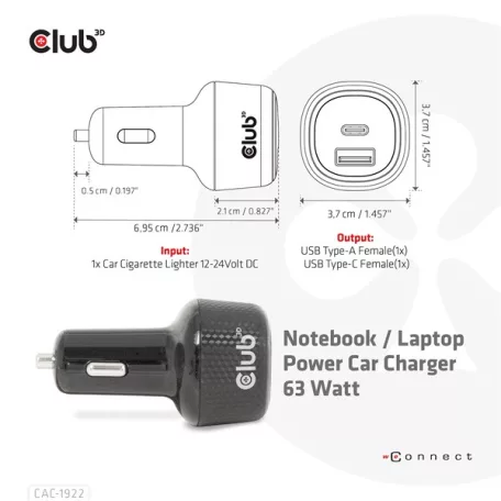 Club 3D Autós Töltő - CAC-1922 (63W, USB-A, USB-C, 12-24V, QC3.0)