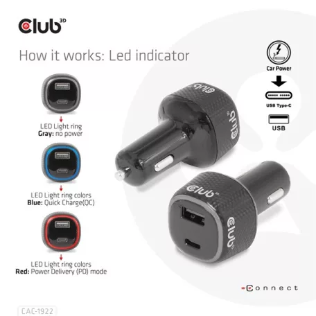 Club 3D Autós Töltő - CAC-1922 (63W, USB-A, USB-C, 12-24V, QC3.0)