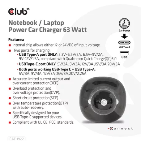 Club 3D Autós Töltő - CAC-1922 (63W, USB-A, USB-C, 12-24V, QC3.0)