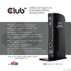   Club 3D Notebook Dokkoló - CSV-1460 (4K60HZ DUAL DISPLAY, 3.1 USB-A to 2x DP, 6x USB3.2, RJ45, 3.5 Jack Audio + Mic)