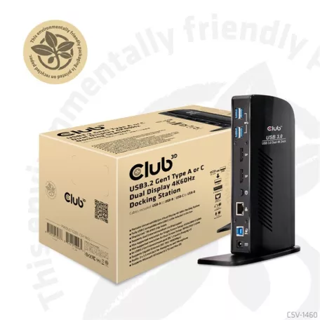 Club 3D Notebook Dokkoló - CSV-1460 (4K60HZ DUAL DISPLAY, 3.1 USB-A to 2x DP, 6x USB3.2, RJ45, 3.5 Jack Audio + Mic)