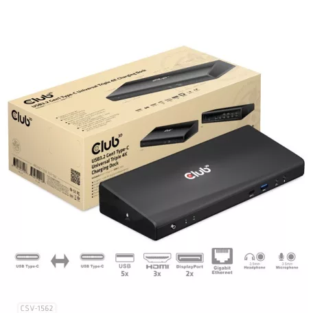 Club 3D Notebook Dokkoló - CSV-1562 (60W Triple Dock, 3.2 USB-C to 3xHDMI, 2x DP, 6x 3.2 USB-A, RJ45. 3,5 Jack)