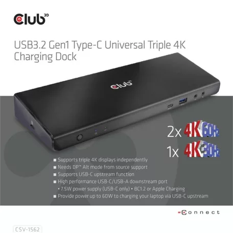 Club 3D Notebook Dokkoló - CSV-1562 (60W Triple Dock, 3.2 USB-C to 3xHDMI, 2x DP, 6x 3.2 USB-A, RJ45. 3,5 Jack)