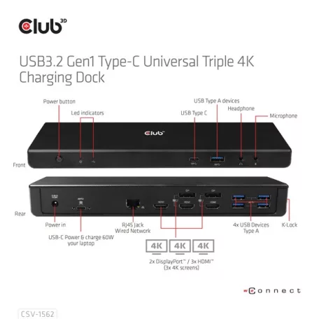 Club 3D Notebook Dokkoló - CSV-1562 (60W Triple Dock, 3.2 USB-C to 3xHDMI, 2x DP, 6x 3.2 USB-A, RJ45. 3,5 Jack)