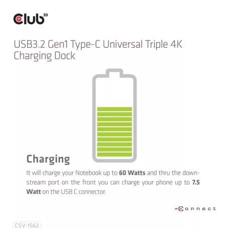 Club 3D Notebook Dokkoló - CSV-1562 (60W Triple Dock, 3.2 USB-C to 3xHDMI, 2x DP, 6x 3.2 USB-A, RJ45. 3,5 Jack)