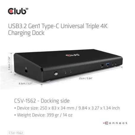 Club 3D Notebook Dokkoló - CSV-1562 (60W Triple Dock, 3.2 USB-C to 3xHDMI, 2x DP, 6x 3.2 USB-A, RJ45. 3,5 Jack)