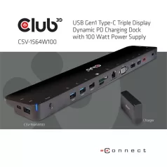   Club 3D Notebook Dokkoló - CSV-1564W100 (100W, 3.2 USB-C to 3xUSB-A 3.2, 5x USB-A,HDMI, PD, VGA, RJ45, SD, Micro SD, 3,5