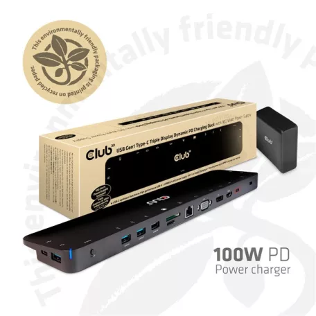 Club 3D Notebook Dokkoló - CSV-1564W100 (100W, 3.2 USB-C to 3xUSB-A 3.2, 5x USB-A,HDMI, PD, VGA, RJ45, SD, Micro SD, 3,5