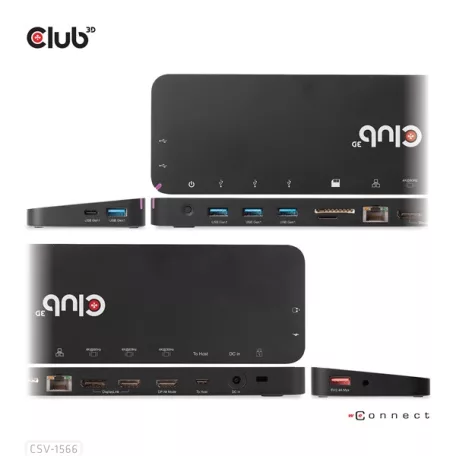 Club 3D Notebook Dokkoló - CSV-1566 (120W, USB-C to 5x USB-A Gen 1, USB-C  Gen 1, 2xHDMI, DP, RJ45, SD.TF. 3,5 Jack, DC)