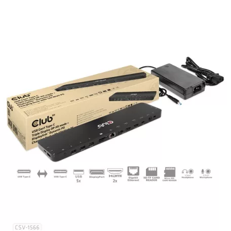 Club 3D Notebook Dokkoló - CSV-1566 (120W, USB-C to 5x USB-A Gen 1, USB-C  Gen 1, 2xHDMI, DP, RJ45, SD.TF. 3,5 Jack, DC)