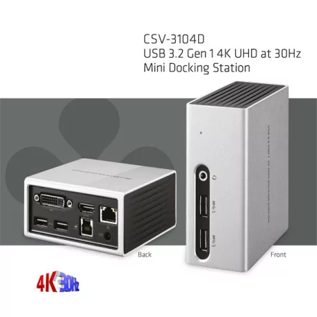 Club 3D Notebook Dokkoló - CSV-3104D (4K UHD, 3.0 USB-A to HDMI, DVI-I, 4xUSB-A, RJ45, 3.5 Jack Audio + Mic)