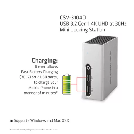 Club 3D Notebook Dokkoló - CSV-3104D (4K UHD, 3.0 USB-A to HDMI, DVI-I, 4xUSB-A, RJ45, 3.5 Jack Audio + Mic)