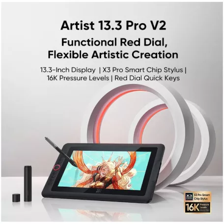 XP-PEN Grafikus kijelző - Artist 13.3 PRO V2 (13", IPS, 16:9, 1920x1080, 5080 LPI, PS 16k, 200 RPS, 9 gomb) fekete
