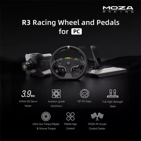 Moza Racing csomag - R3 PC Szimulátor szett (Direct Drive, R3 bázis, ES kormány, SR-P Lite pedál, bilincs)