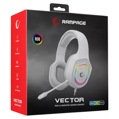 Rampage Fejhallgató - RM-K90 VECTOR (mikrofon, USB, 3,5 Jack, hangerőszabályzó, nagy-párnás, fehér)