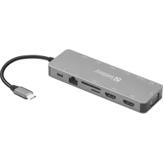   Sandberg Notebook Dokkoló - USB-C 13-in-1 Travel Dock (Bemenet: USB-C, Kimenet: USB-C+3xUSB-A+2xHDMI+VGA+RJ-45+Audio)