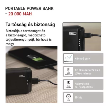 EMOS Powerbank ALPHA2 20, 20 000 mAh, 10 W, fekete