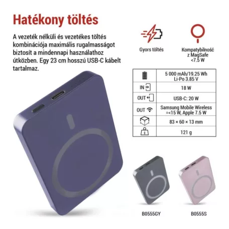 EMOS Powerbank WI 522, 5 000 mAh, 20 W+Wireless, kék