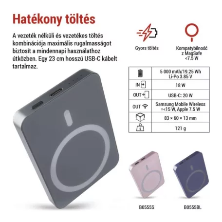 EMOS Powerbank WI 522, 5 000 mAh, 20 W+Wireless, szürke