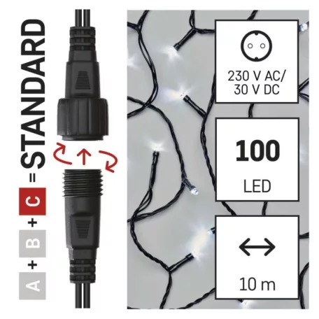 Standard LED sorolható karácsonyi füzér, 10 m, kültéri és beltéri, hideg fehér