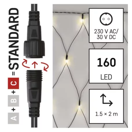 Standard LED sorolható karácsonyi füzér – háló, 1,5x2 m, kültéri, meleg fehér