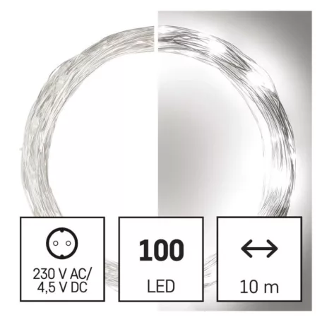 LED karácsonyi nano fényfüzér, ezüst, 10 m, kültéri és beltéri, hideg fehér, időzítő