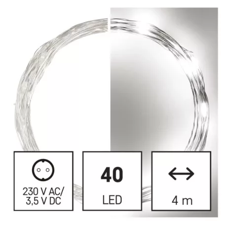 LED karácsonyi nano fényfüzér, ezüst, 4 m, kültéri és beltéri, hideg fehér, időzítő