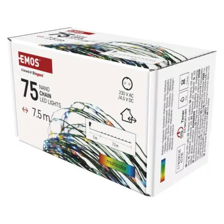 LED karácsonyi nano fényfüzér, zöld, 7,5 m, kültéri és beltéri, többszínű, időzítő